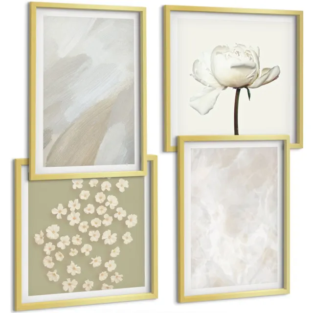 TULUP 4-Delige Schilderij Set - Bloemen en trendy texturen, delicate boho-stijl - 40 x 40 cm en 40 x 60 cm - Wanddecoratie - Schilderijen Set - Kantoor - Interieur Decoratie Gouden lijst