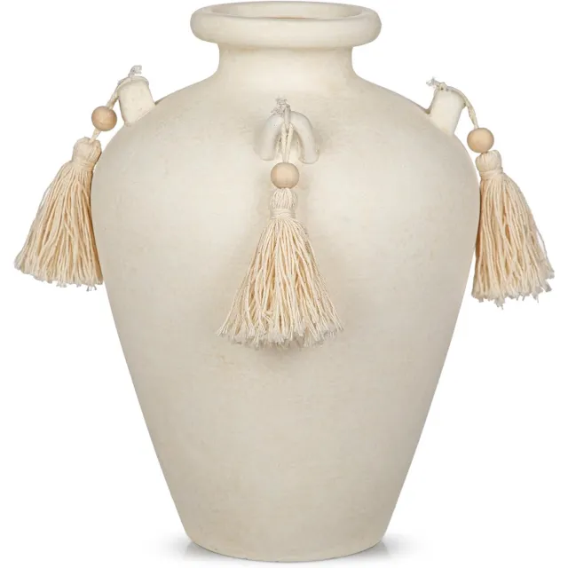 Famanu Beige keramische vaas met kwastjes - 24 cm hoge vazen voor bloemen - rustieke crèmekleurige vaas - decoratieve boho - vazen voor pampasgras - gedroogde bloemen - thuis - woonkamer - tafeldecoratie