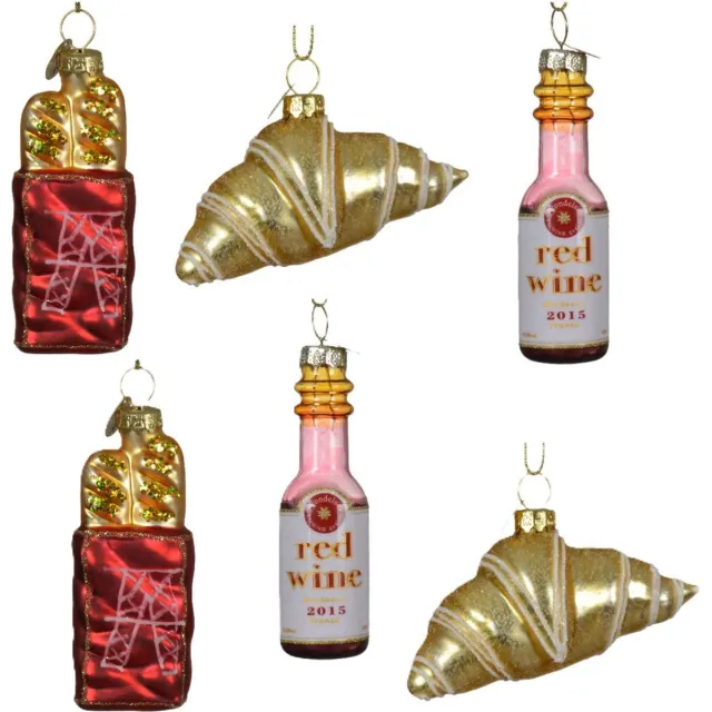 Decoris Kersthangers Frans thema - 6x - glas - stokbrood, croissant, rode wijn -ornamenten Goudkleurig
