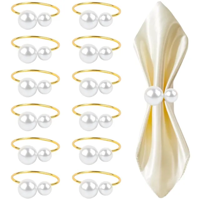 Famanu Set van 12 gouden servetringen met kralen, vintage servethouders voor bruiloften en diners
