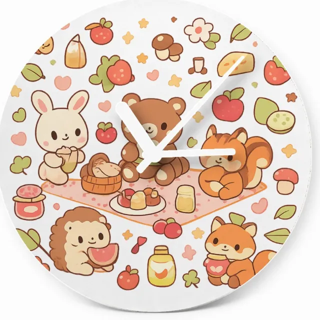 Mr Cadeautjes Glazen klok Ø 20 - design Een vrolijke set kleine bosdieren die samen picknicken tusse | cadeau Wit