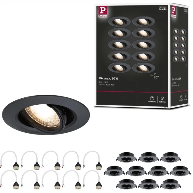 Paulmann Inbouwlamp Set van 10 zwenkbaar rond 90 mm 30° GU10 max. 10x10W 230V dimbaar Zwart