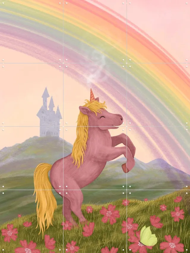 IXXI Rainbow Unicorn, EMELIEmaria & Various - 60 x 80 cm - Grote wanddecoratie en posters - Illustraties, Kleurrijk, Fantasierijk, Cartoonesk, Speels Roze