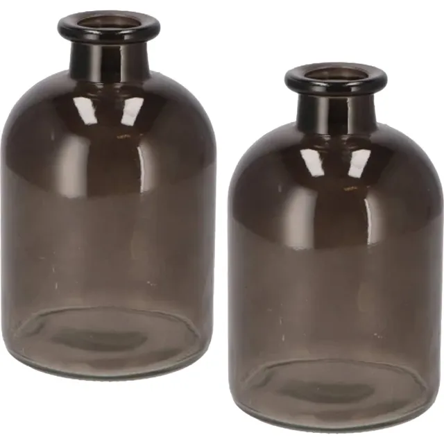 DK design Bloemenvaas fles model - 2x - helder gekleurd glas - zwart - D11 x H17 cm Antraciet