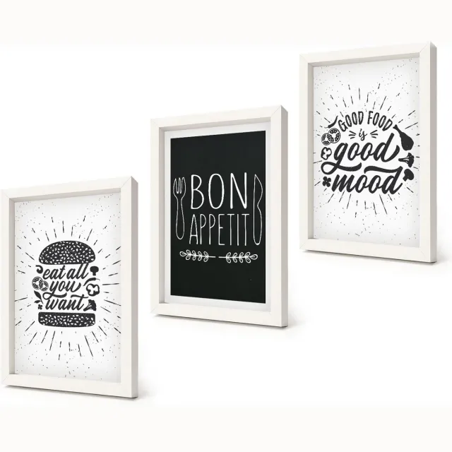 Coloray 3-Delige Schilderij Set - Voedselafbeeldingen en culinaire slogans - 20x30 - Decoratieve Schilderijen - Wanddecoratie - Hal - Woonkamer Decoratie Witte lijst