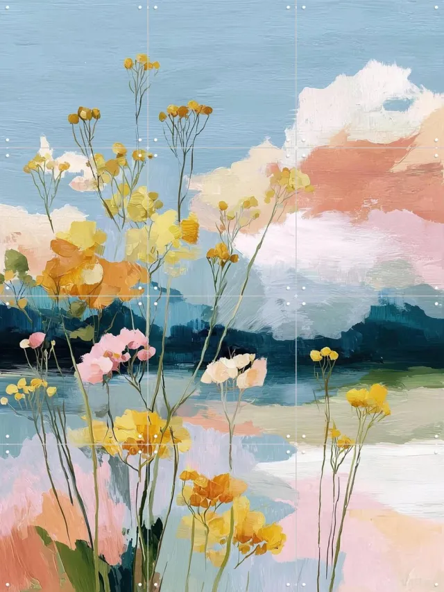 IXXI Pastel Botanical Shore, Branka Kodžoman - 60 x 80 cm - Grote wanddecoratie en posters - Kwaststreken, Fantasierijk, Modern, Speels, Abstract Blauw / Geel / Roze