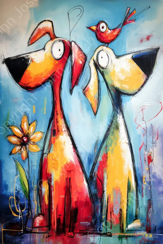 John Joseb Art (Canvas) 90x60 | Honden kijken naar vogel, kleurrijk, abstract, kunst, dier, hond, geel, blauw, rood, modern | Foto-Schilderij canvas print (wanddecoratie) Canvas, dikte 2 cm