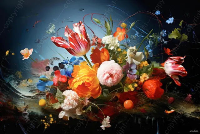 John Joseb Art (Canvas) 120x80 | Bloemen, boeket, stilleven, geschilderde stijl, kunst | abstract, kleurrijk, felle kleuren, blauw, rood, oranje, geel, groen, roze, modern | Foto-Schilderij canvas print (wanddecoratie) Canvas, dikte 2 cm