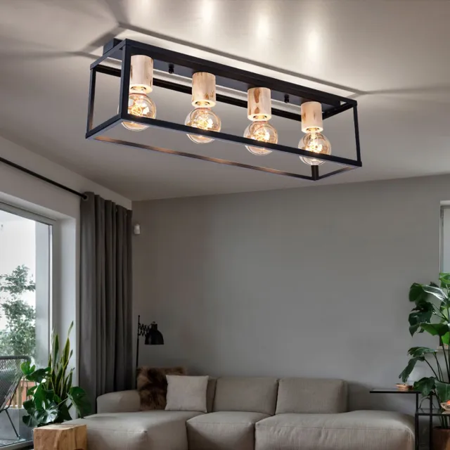 Globo Lighting Eetkamerlamp plafond Plafondlamp hout 4 vlammen zwart, metalen frame, naturel, 4x E27 fitting, LxBxH 75x20x22,5 cm