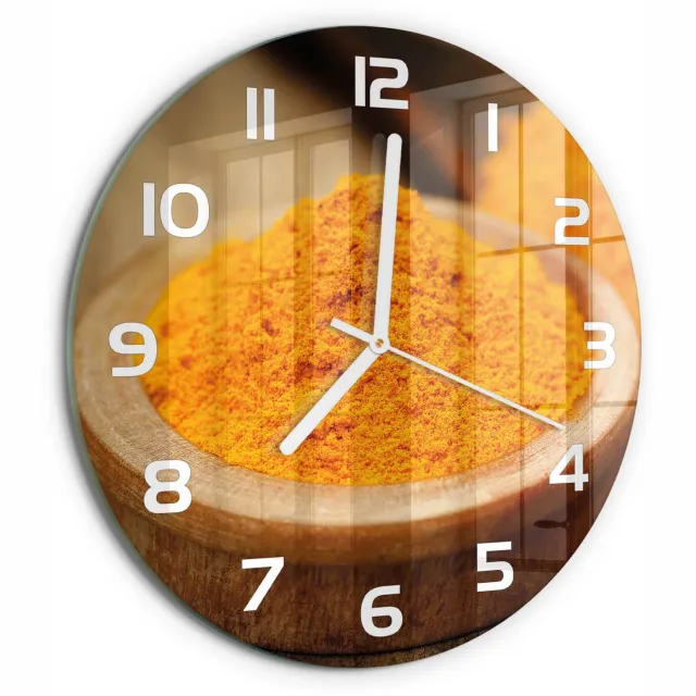 TULUP Wandklok - Kurkuma specerij Glazen Wandklok Design - fi30 cm - Oranje Klok Glas Met Opdruk - Witte handen - Ronde Klok - Wandklok Glas Met Motief - Decoratieve Glazen Klok