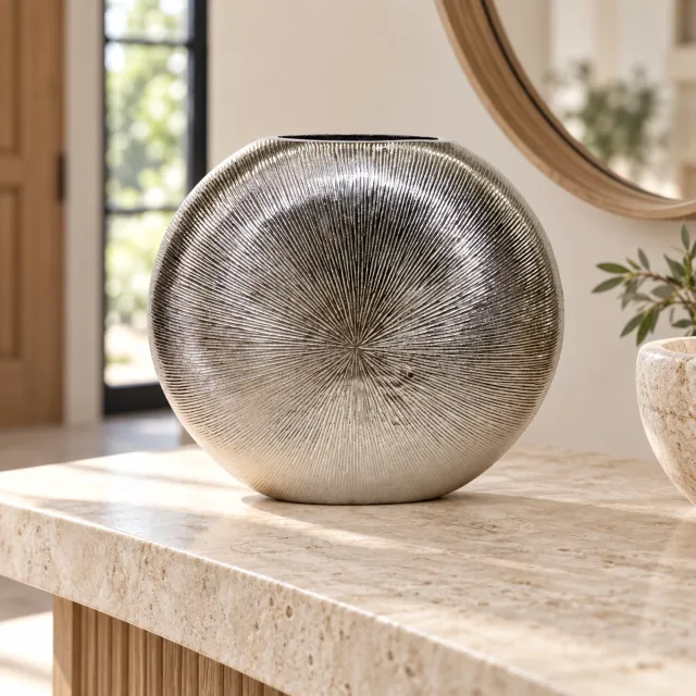 Hoppa! Platte ronde vaas met zonmotief - Zilver - 9 x 37 x 33 cm (B x D x H)