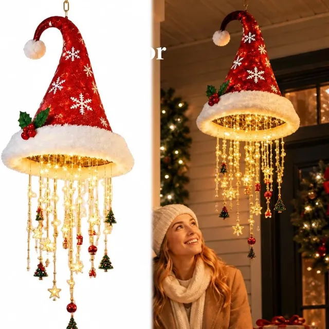 KZQ Verlichte kerstmuts hanger 50 cm - Rode kerstwindgong met sneeuwvlokken, hulst en hangende sterren - Warmwitte verlichting op 2 AA batterijen - Stoffen kerstdecoratie voor raam en woonkamer - Batterijen niet inbegrepen rood
