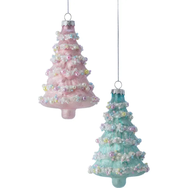 Viv! Christmas Kerstornament - Kerstboom met Parels - set van 2 - glas - roze blauw - 13cm Pastel