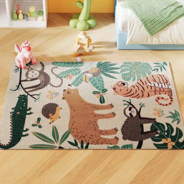 Clruro Fleece-Teppich - 150x80 cm - Dschungel-Muster - Wasbaar - Cremewit+Bunt Meerkleurig