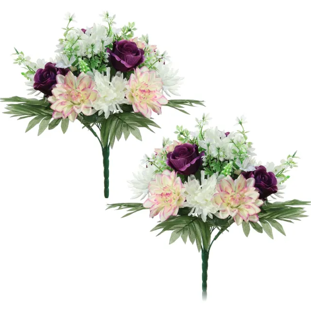 Louis Maes kunstbloemen boeket roos/dahlia - 2x - paars/creme - H36 cm - Bloemstuk - Bladgroen