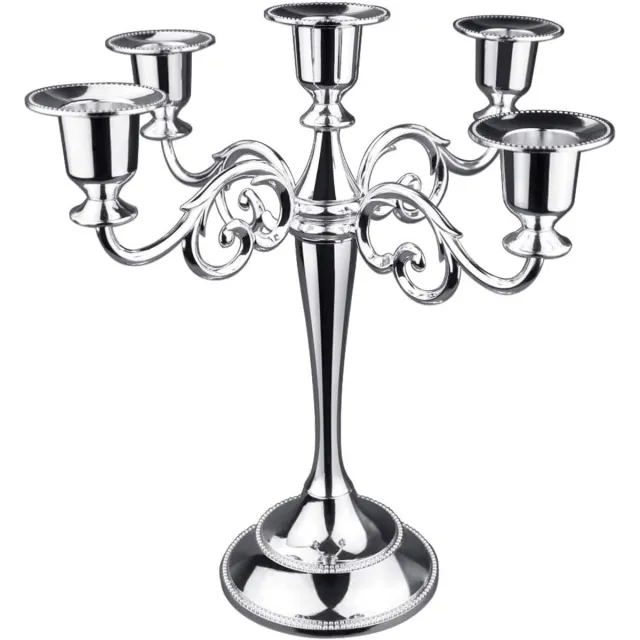whiqutey Metalen-Kaarsenhouder-5-Armen-Pure-Kaarsenhouders-Pijlerkaarsen-26-Cm-Hoge-Kandelaar-Geschikt-1-2-1-Cm-Pijlerkaarsen-Diameter zilver