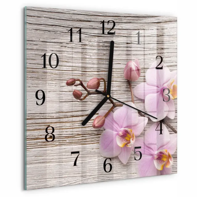 TULUP Wandklok - Orchidee Decoratieve Glazen Klok - 30x30 cm - Paars Glazen Wandklok Design - Zwarte Handen - Vierkante Wandklok - Glazen Wandklok Design - Klok Glas Met Opdruk Paars - Orchidee