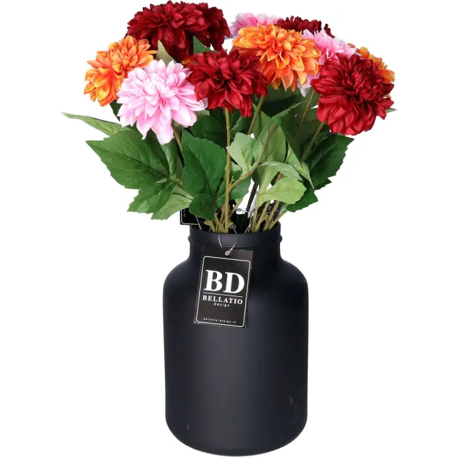 Bellatio Design Kunstbloemen boeket Dahlia's - 12 stelen - 50 cm - kleurenmix - zijdebloemen Bordeaux rood