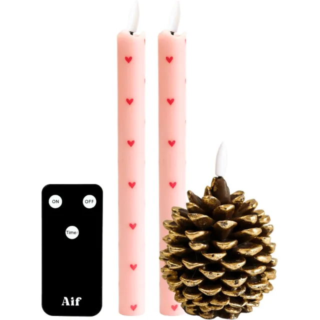 Aifcandles LED Dinerkaarsen Roze met Hartjes + Dennenappel - Cadeauset - Incl. Afstandsbediening - Aifcandles