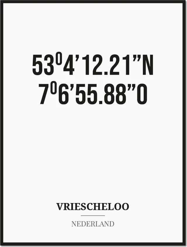 Studio216 Poster/kaart VRIESCHELOO met coördinaten zwart, wit