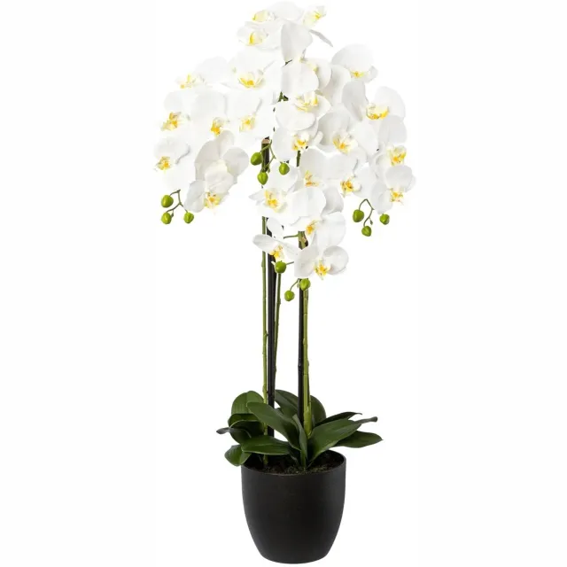 Kopu Kunstorchidee 99 cm - Wit - 4 takken - Zwarte pot - Phalaenopsis