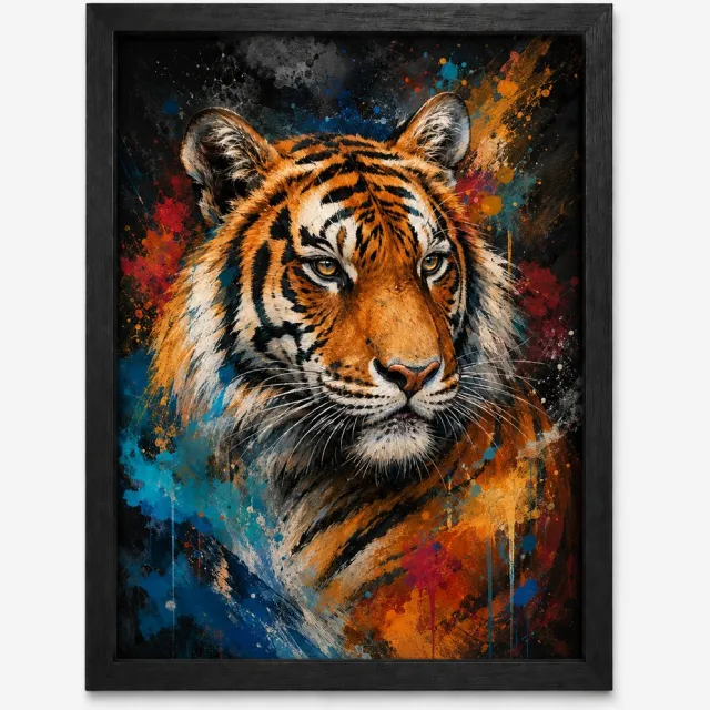Joshimo Tijger Poster Kleurrijk | Dierenposter in Moderne Art Style | Wanddecoratie Woonkamer | Inclusief Zwarte A4 Lijst