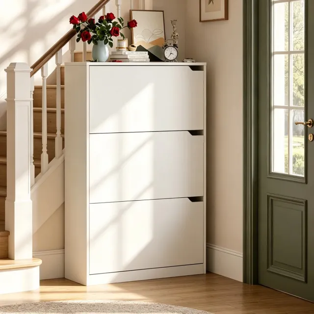 Happiq Schoenenkast - Voor Hal of Woonkamer - Met 3 Kantelbare Vakken - Wit Hout White