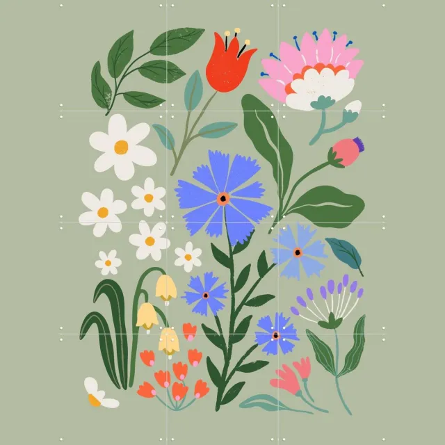 IXXI Cornflower Meadow, Katarzyna Gąsiorowska & Various - 60 x 80 cm - Grote wanddecoratie en posters - Illustraties, Speels, Slaapkamer, Woonkamer Groen