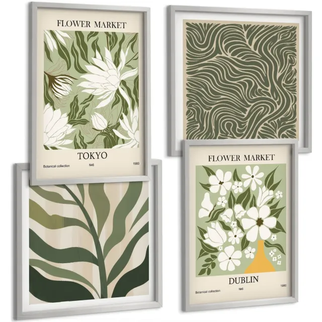 TULUP 4-Delige Schilderij Set - Plantenpatronen, botanische decoraties, boho-stijl - 40 x 40 cm en 40 x 60 cm - Schilderijen Set - Wanddecoratie - Woonkamer - Stijlvolle Muurdecoratie Zilveren lijst
