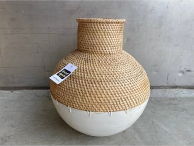 Var Vase rattan/wood wit H48cm Zie foto