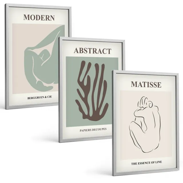Coloray 3-Delige Schilderij Set - Stijlvolle Schilderijen Met Abstracte Motieven Van Henri Matisse - 40 x 60 cm - Muurdecoratie - Wanddecoratie - Hal Zilveren lijst
