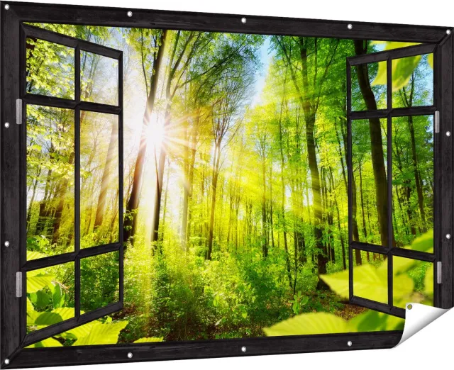 Gards Tuinposter Doorkijk Weg Omringd met Bomen in het Bos - 180x120 cm - Tuindoek - Tuindecoratie - Wanddecoratie buiten - Tuinschilderij Multikleur