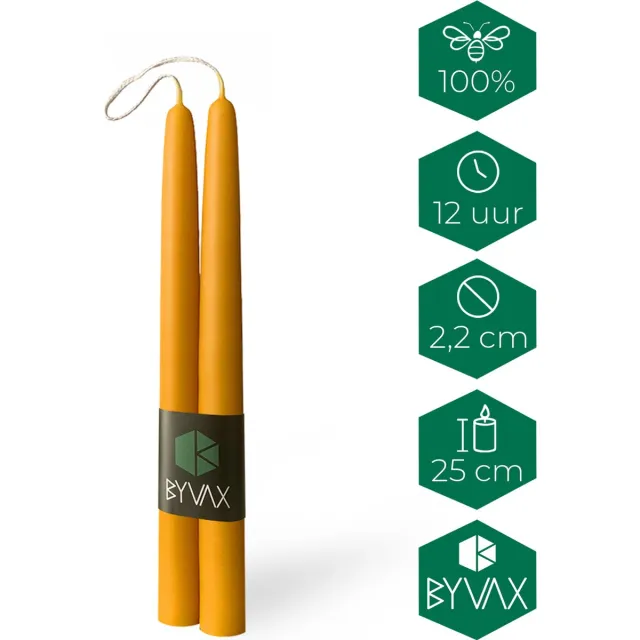 BYVAX 8 Bijenwas Dompelkaarsen | 25cm Hoog | 100% Zuivere bijenwas | Dinerkaarsen geel