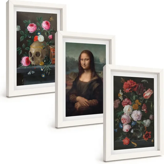 TULUP 3-Delige Schilderij Set - Vintage bloemen, schedel en Mona Lisa-portret van Leonardo Da Vinci - 20x30 - Decoratieve Muurdecoratie - Slaapkamer - Stijlvolle Muurdecoratie Witte lijst