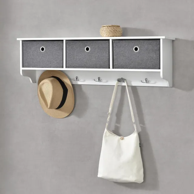 en.casa Wandkapstok kapstok met 3 manden 30x100x20 cm wit grijs en zilverkleurig