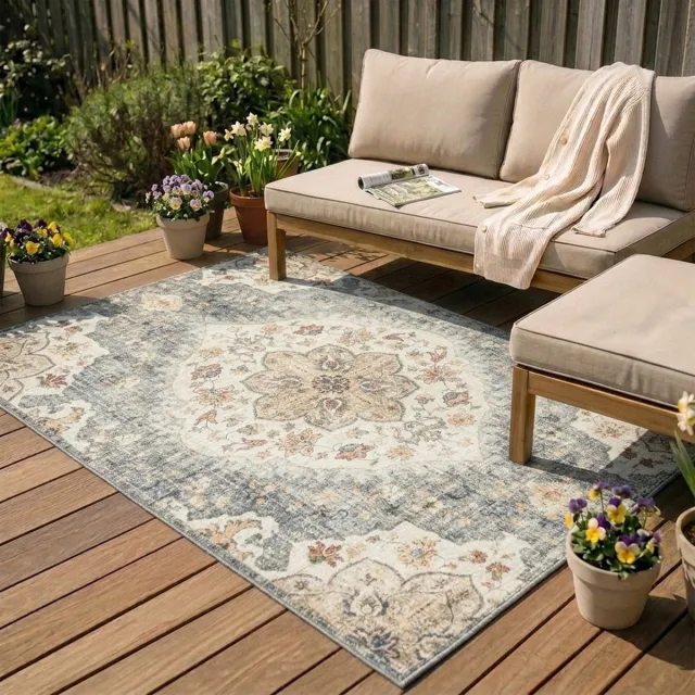 Fraai Vintage buitenkleed - Santo Mandala Blauw/Grijs - 120x170cm