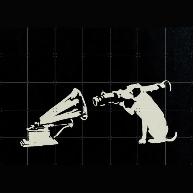 IXXI HMV, Banksy - 140 x 100 cm - Grote wanddecoratie en posters - Illustraties, Houtsnede, Pop art, Street art, Mancave, Woonkamer, Muziek, Grappig Zwart / Zwart en wit / Donkere tinten / Monochroom