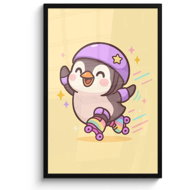 FrameYourWall Poster in lijst - Fotolijst 60x90 cm - Posters - Pinguïn - Rolschaatsen - Geel - Energiek - Posterlijst zwart - Decoratie - Wanddecoratie woonkamer - Muurdecoratie slaapkamer