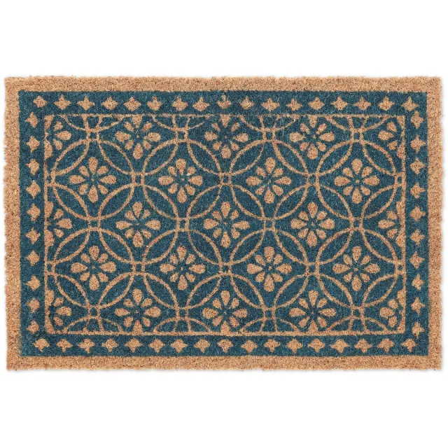Famanu Kokos deurmat met bloemenpatroon, antislip onderzijde, voor binnen en buiten, 60 x 40 cm, blauw/natuur