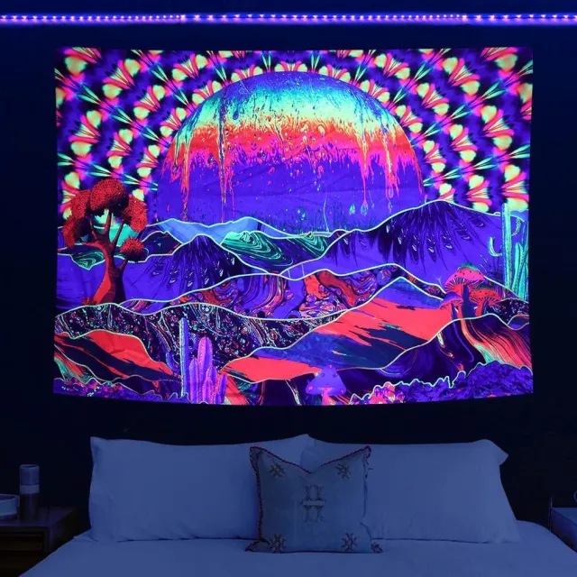 Sunrise Psychedelic Tapestry Fluorescent UV Reactive Mountain Trippy Wall Hanging for Bedroom Dorm (150×130cm) multi