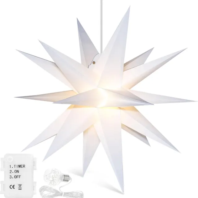 FLITI 3D kerstster - 45 cm met afstandsbediening en timer - warme decoratie - voor kerstboom, tuin en balkon - LED-ster - voor feestliefhebbers - goud - 1 stuk Wit