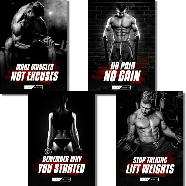 CleanSports CLEAN SPORTS Fitness Posters Set van 4 - Motivatie voor Gym & Home Gym (DIN A2)
