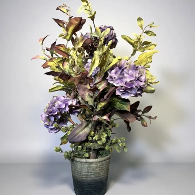 Seta Fiori Kunstplant - Hortensia struik in landelijke pot – Herfstarrangement met hopranken – 100 cm hoog lila