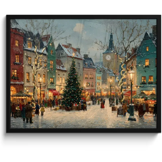 FrameYourWall Poster in lijst - Fotolijst 70x50 cm - Posters - Kerstsfeer - Stadsplein - Kleurrijk - Posterlijst zwart - Decoratie - Wanddecoratie woonkamer - Muurdecoratie slaapkamer - Kerstversiering - Kerstdecoratie voor binnen - Kerstmis