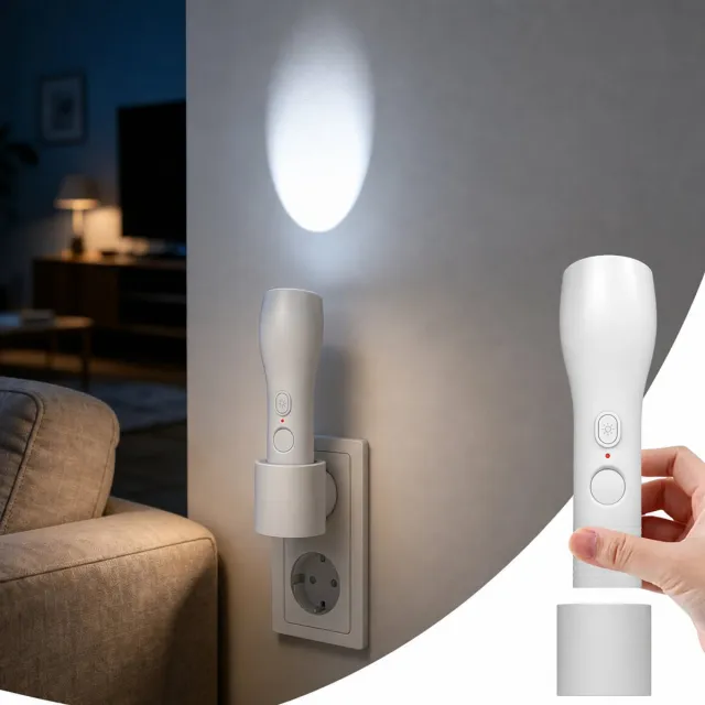 Ryoudavell Nachtlampje Stopcontact met Bewegingssensor - Draagbare Zaklamp LED - 4-in-1 Noodverlichting bij Stroomuitval - Oplaadbare Zaklamp voor Noodgevallen - Slimme Wandlamp met Draadloos Oplaadstation - Sensor Lamp Slaapkamer - Wit Wit(EU)
