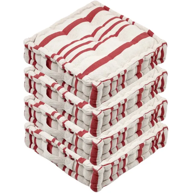Stof Textile Vloerkussen Beach - 4x - creme wit/steenrood - katoen - 45 x 45 x 10 cm - Extra dik - extra zitplaatsen - spelen - gamen - relaxen