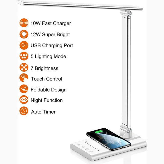 Fuegobird EK010 LED Bureaulamp – Bedrade – Draadloos Opladen Voor Telefoon – Dimbaar – Opvouwbaar – Smart Touch - 10W snel opladen - Qi Technologie - Zilver（met adapter）