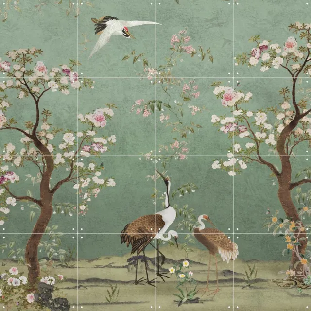 IXXI Midnight Chinoiserie Bids, Bloomery Decor - 80 x 80 cm - Grote wanddecoratie en posters - Ornamenteel Ontwerp, Ukiyo-e, Vintage, Decoratieve Groen / Roze / Wit