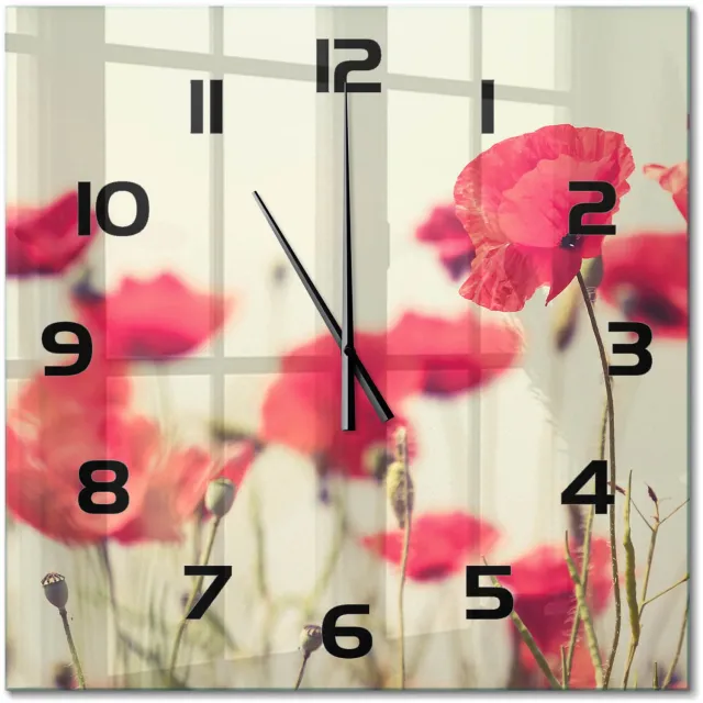 TULUP Wandklok - Veldklaproos Wandklok Glas Met Motief - 60x60 cm - Rood Decoratieve Glazen Klok - Zwarte handen - Vierkante Klok - Gekleurde Glazen Klok - Glazen Klok Met Print