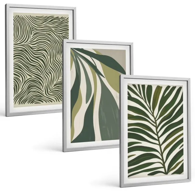 TULUP 4-Delige Schilderij Set - Bladpatronen en golvende lijnen in groene tinten - 40 x 60 cm - Wanddecoratie - Schilderijen Set - Kantoor - Decoratieve Schilderijen Zilveren lijst
